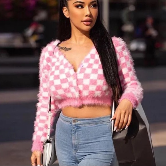 Plaid sweater pink white womens cardigan long heart buttons - Picture 5 of 12